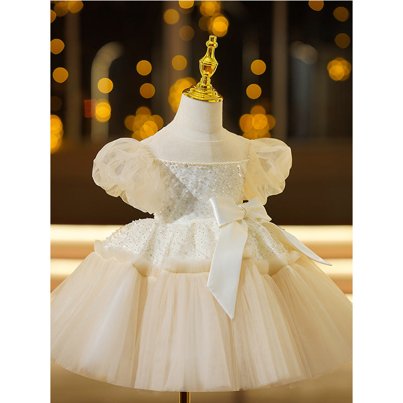 Flower Girl Dress Toddler Baptism Princess Puff Sleeve Beaded Mesh Fluffy Dress