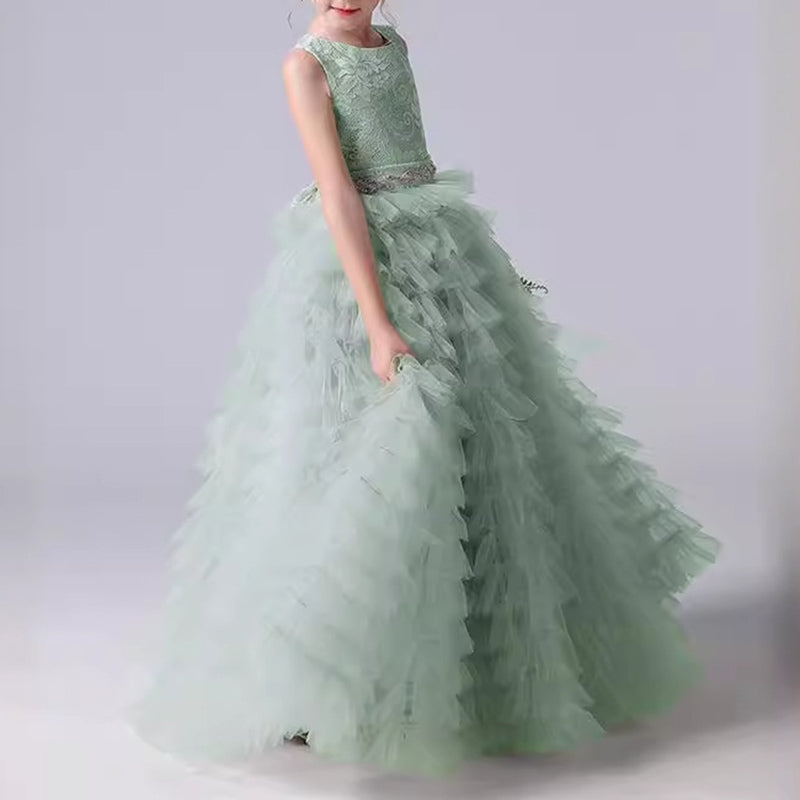 Elegant Baby Girls Green Tulle Princess Dress Toddler Ball Gown