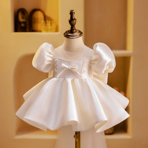 Flower Girl Dress Toddler Puff Sleeve Beaded Back Bow Baptism Princess Dress