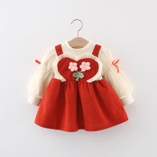 Two Flower Suspender Dress Corduroy Puff Sleeve Spliced Dress