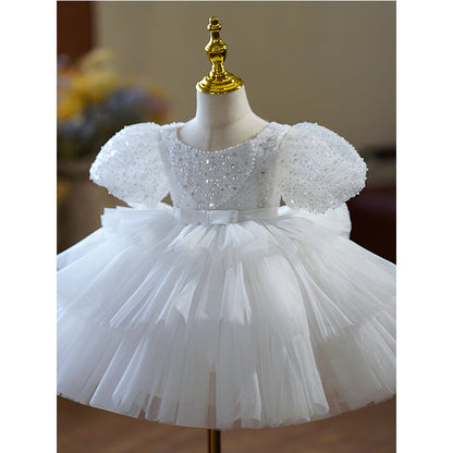 Toddler Prom Dress Flower Girl Dress Christening Princess Baptism Puff Sleeve Sequin Fluffy Party Dress