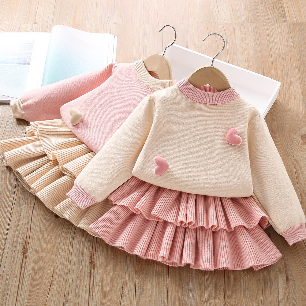 Solid Color Heart Knitted Long-sleeved Cake Skirt Two-piece Set