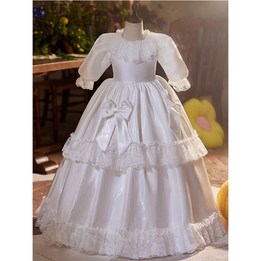 White Satin Girls Birthday Dress Princess Dress