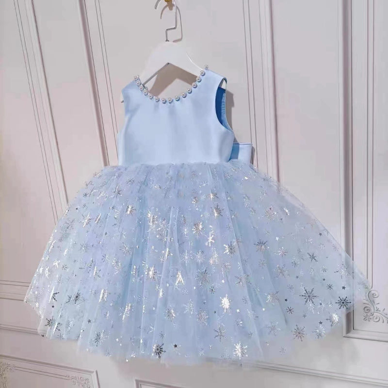 Elegant Baby Girls V-neck Mesh Big Pearl Princess Dress Toddler Prom Dress