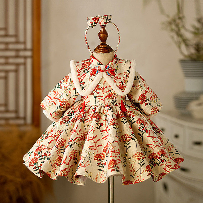 Elegant Baby Girls Floral Disc Button Stand Collar Chinese Style Princess Dress Toddler New Year's Dress