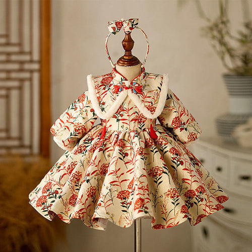 Elegant Baby Girls Floral Disc Button Stand Collar Chinese Style Princess Dress Toddler New Year's Dress