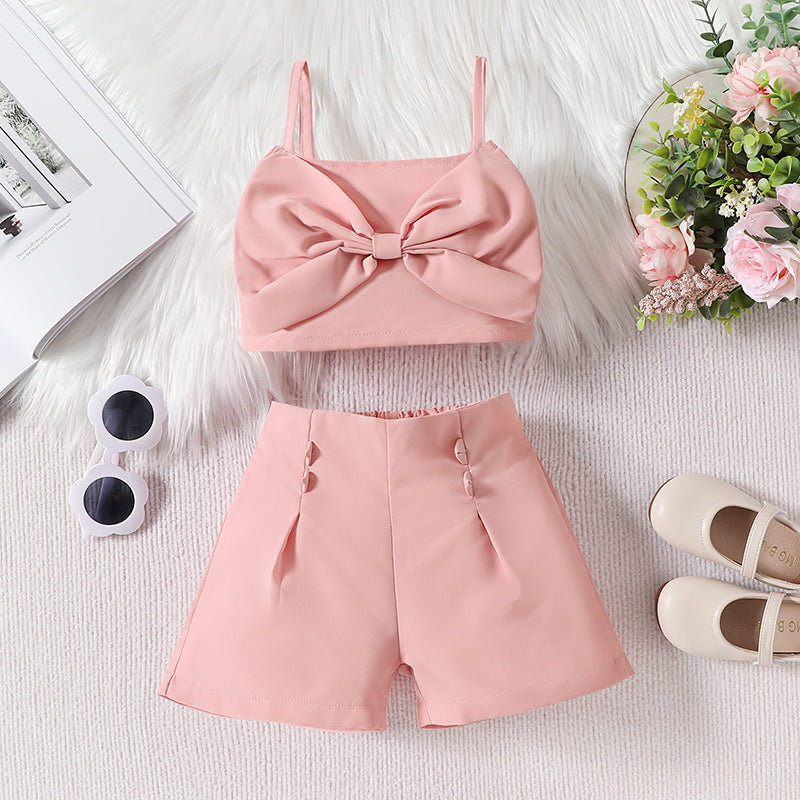 Girls Short Bowknot Suspender Solid Color Shorts Two-piece Set