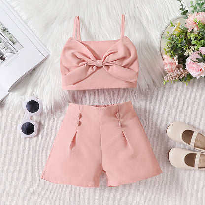 Girls Short Bowknot Suspender Solid Color Shorts Two-piece Set