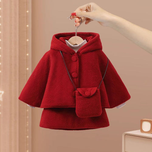 Girls' Woolen Hooded Coat Bowknot Dress Winter Three-piece Suit