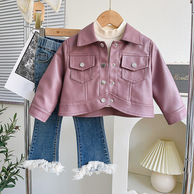 Girls Big Pocket Jacket Suit Casual Jeans Two-piece Set