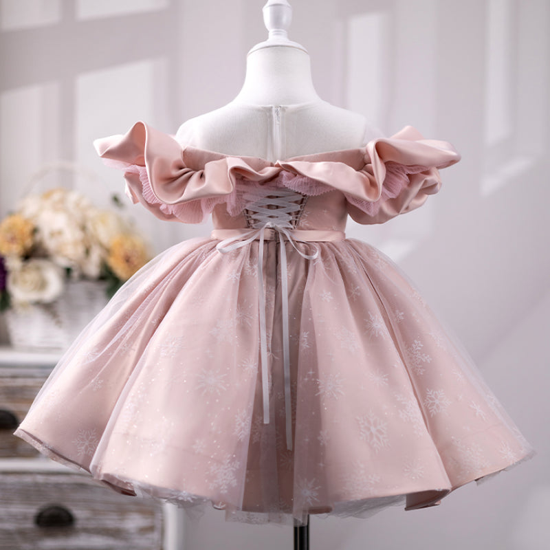 Elegant Baby Girls One Shoulder Pink Puffy Princess Dress Toddler Baptism Dresses