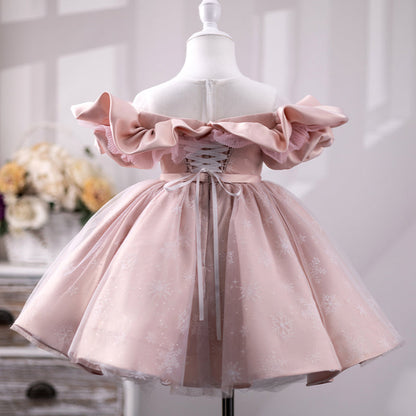 Elegant Baby Girls One Shoulder Pink Puffy Princess Dress Toddler Baptism Dresses