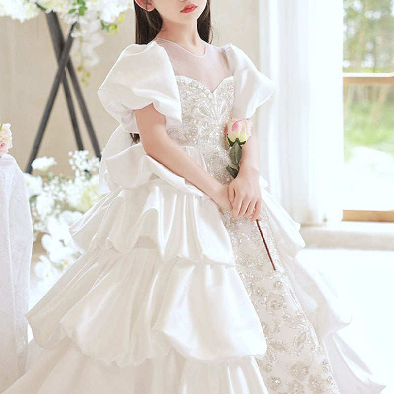 Girls Wedding Birthday Party Splicing Bowknot Princess Dress