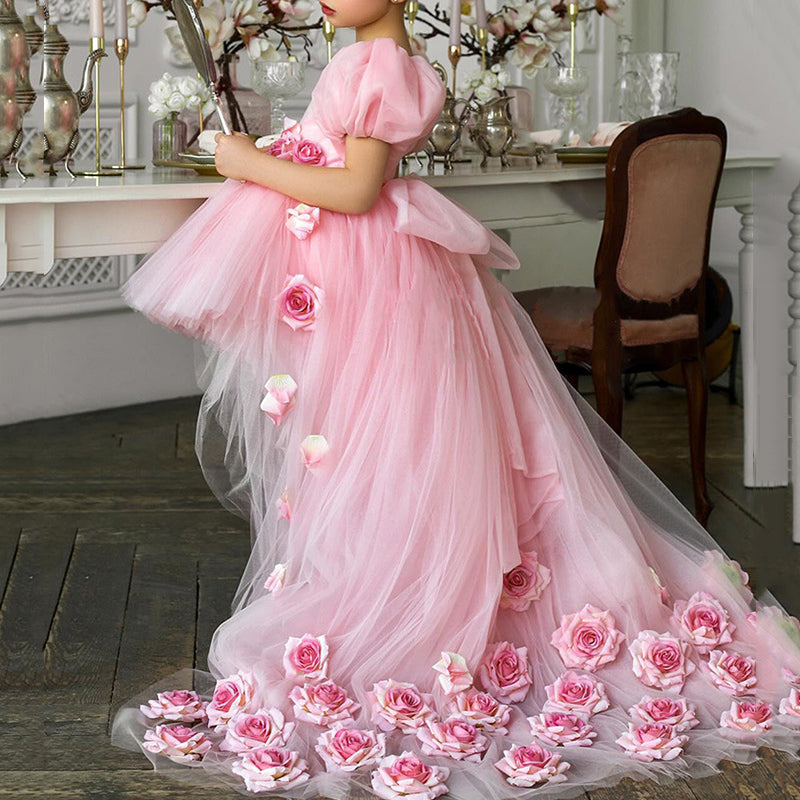 Elegant Baby Pink Long Tail Party Princess Dresses Toddler Ball Gowns