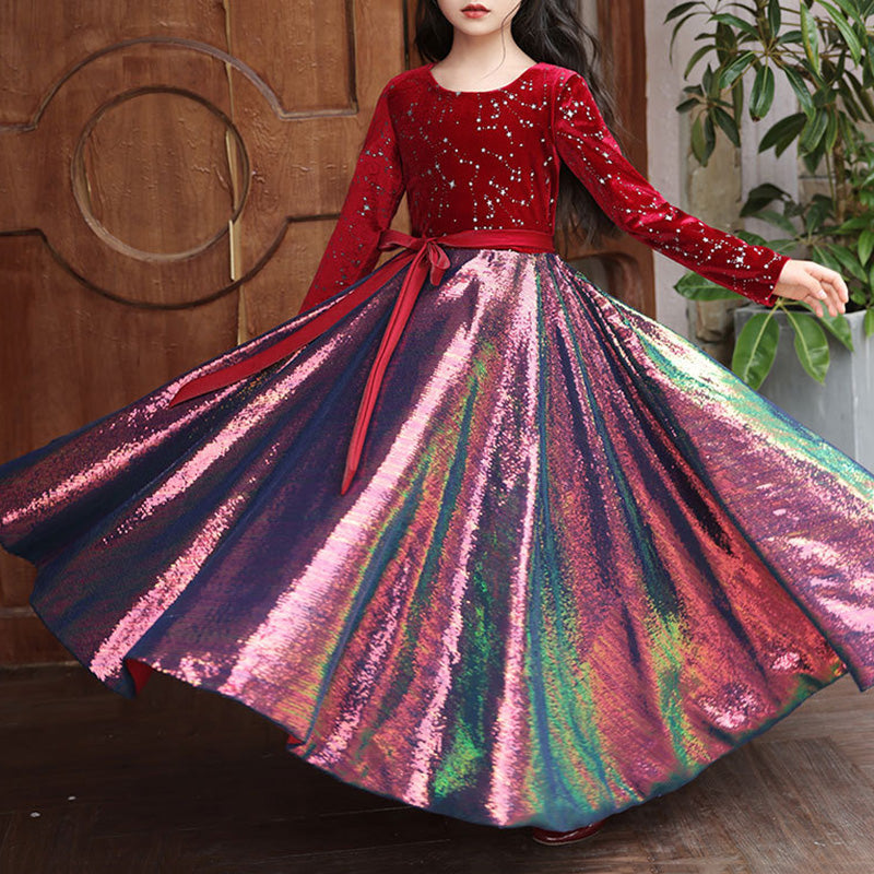 Sweet Baby Girls Burgundy Sequined Long Sleeve New Year's Dress Toddler Evening Princess Dress