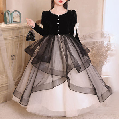 Elegant Baby Girls Black and White Long Sleeve Puffy Performance Princess Dress Toddler Birthday Party Princess Dress