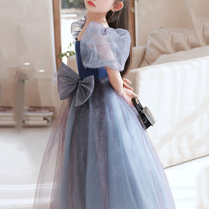 Sweet Baby Girls Blue Gray Puff Sleeve Bow Mesh Long Skirt Toddler Birthday Party Princess Dress