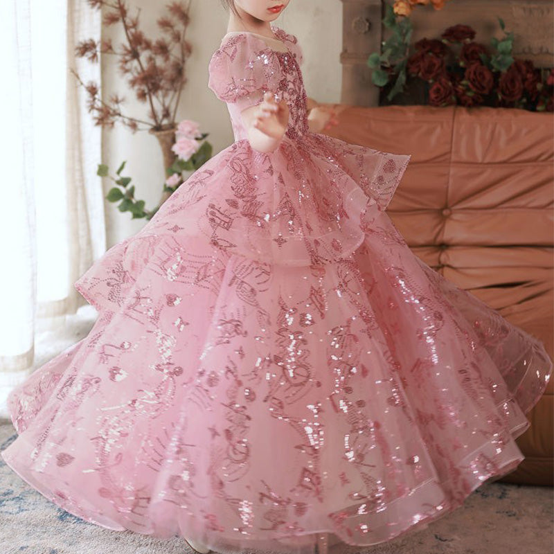 Toddler Girl Birthday Party Dress Summer Pink Sequin Puff Sleeve Princess Dress