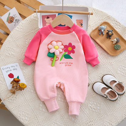 Pink Raglan Sleeve Velvet Petite Flower Baby Romper