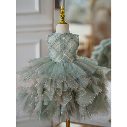 Girl Prom Dress Toddler Summer Green Sleeveless Sequin Cake Princess Dress