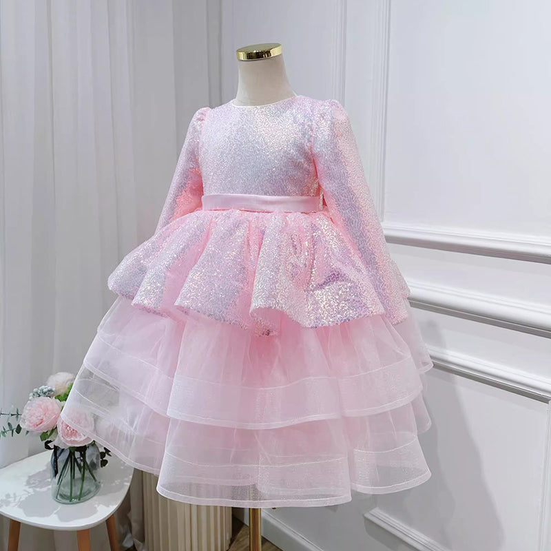 Elegant Baby Girls Pink Long Sleeve Sequin Cake Dress Girls New Year's Dress