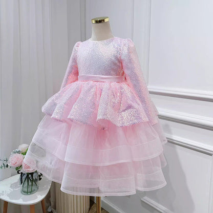 Elegant Baby Girls Pink Long Sleeve Sequin Cake Dress Girls New Year's Dress