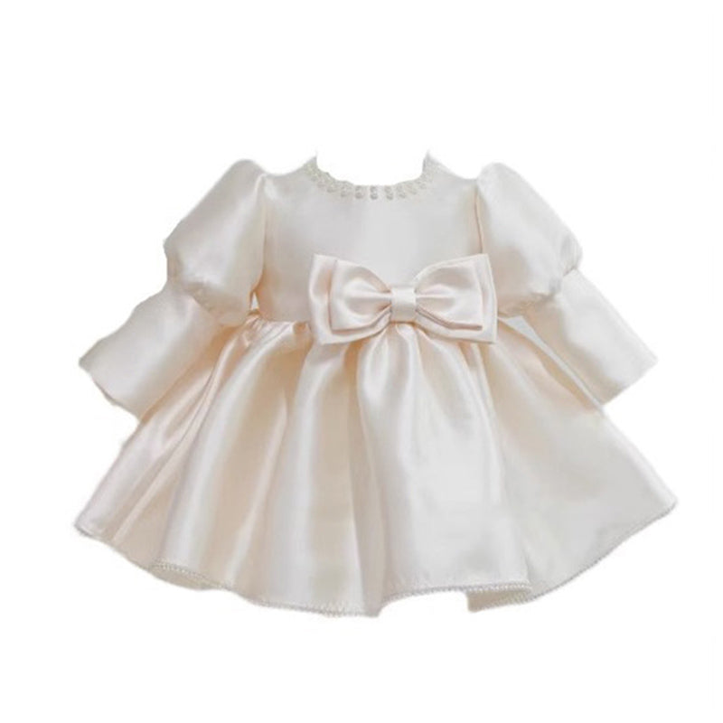 Elegant Baby Puff Long Sleeve Satin Bow First Birthday Dress Toddler Ball Gowns