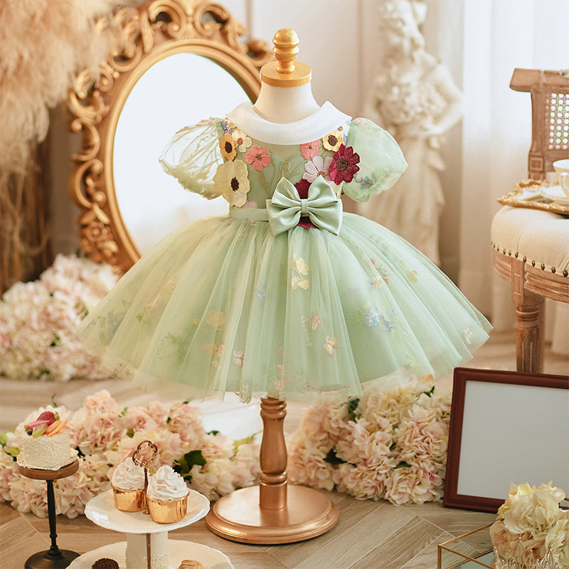 Toddler Ball Gowns Baby Girl Cute Pageant Birthday Party Puff Rosette Sleeves Dress