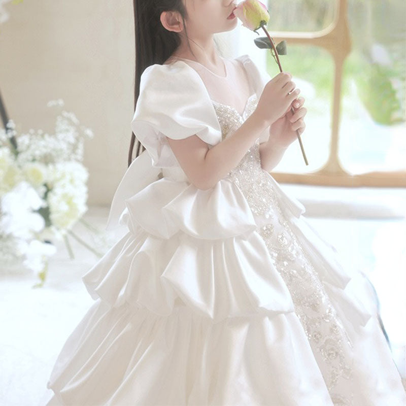 Girls Wedding Birthday Party Splicing Bowknot Princess Dress