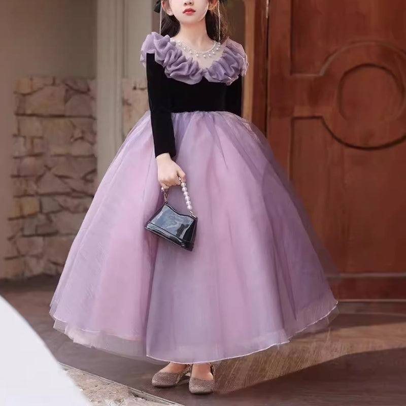 Girls Birthday Long Sleeve Dress Children Purple Puffy Princess Dress