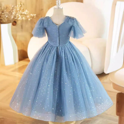 Elegant Baby Blue Sequined Long Dress Toddler Party Dresses