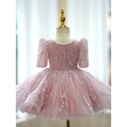 Elegant Baby Girl Pink Sequined Puff Birthday Dress Toddler Ball Gowns