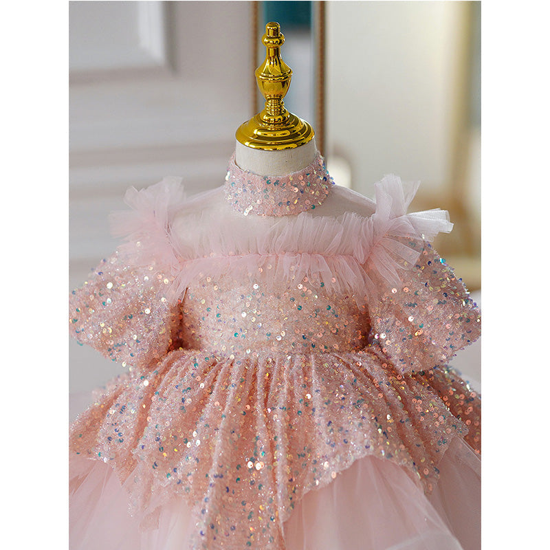 Toddler Prom Dress Girl Summer Pink Birthday Party Net Yarn Sequin Puffy Dress