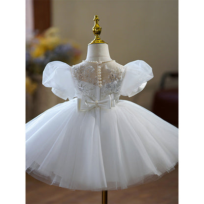 Flower Girl Dress Toddler Ball Gowns White Puff Sleeve Beaded Princess Dress