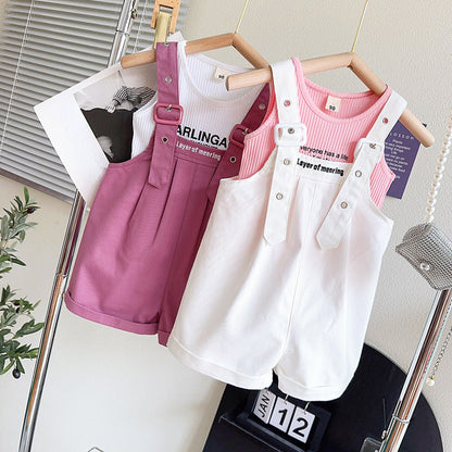 Sweet Sleeveless Vertical Striped Vest Overalls Two-piece Set