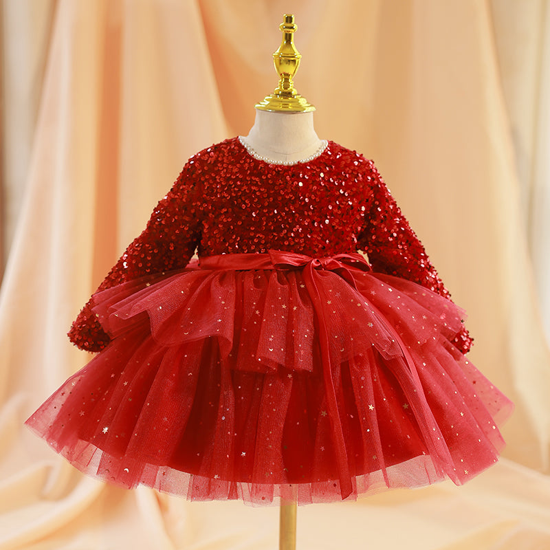 Girl Christmas Dress Baby Girl Dress Toddler Prom Dress Princess Red Sequin Long Sleeve Puffy Dress