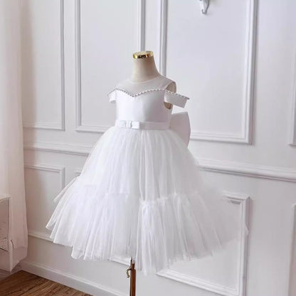 Elegant Baby Girls One Shoulder Bow Puffy Princess Dress Toddler Flower Girl Dresses