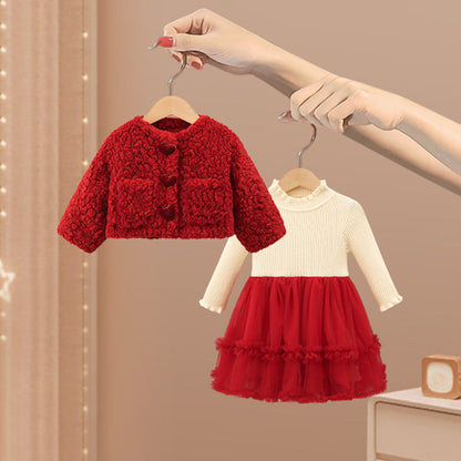 Girls Red Birthday Party Set Baby Warm Winter Two-piece Set