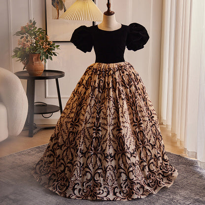 Elegant Baby Girls Black and Gold Puff Sleeve Pattern Princess Dress Toddler Prom Dress