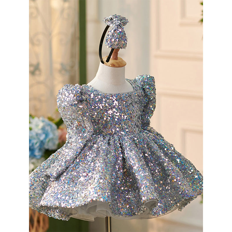 Girls Christmas Dress Grey Sequins Puffy Dress Toddler Birthday Princess Dress