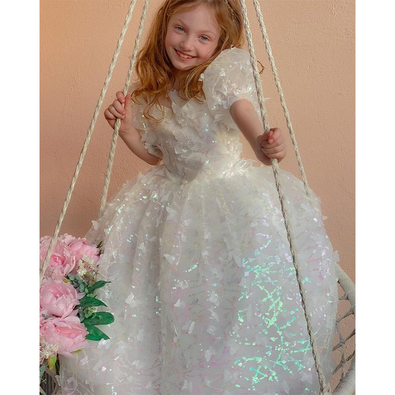 Flower Girl Dress Girl Summer White Puff Sleeve Butterfly Sequins Birthday Party Dress