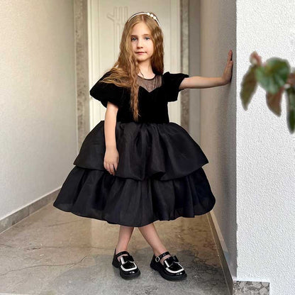 Little Girls Dress Toddler Pageant Black Formal Flower Puff Sleeves Princess Dress