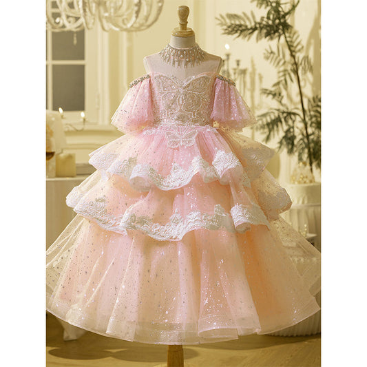 Pink Lace Girls Birthday Princess Dress