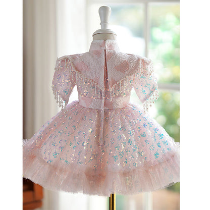 Elegant Baby Girls Pink Button Pageant Dresses Toddler Girl Birthday Dresses