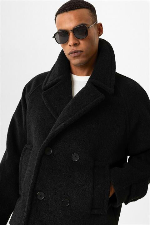 DAH Black Double-Breasted Crop Fit Coat – Refined Versatility for Modern Men